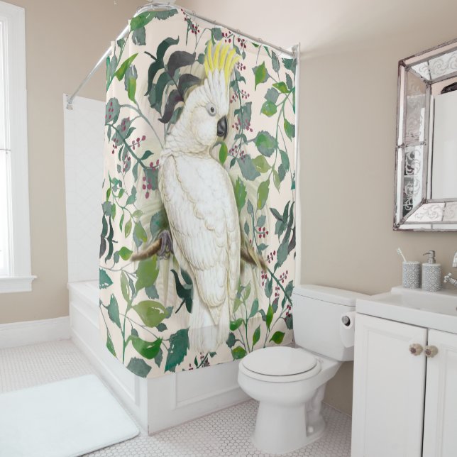 Tropical Jungle Retro 50's Cockatoo Shower Curtain (In Situ)