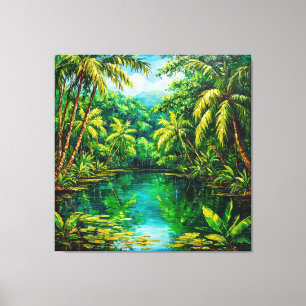 Tropical Jungle River Surrounded by Lush Greenery Canvas Print