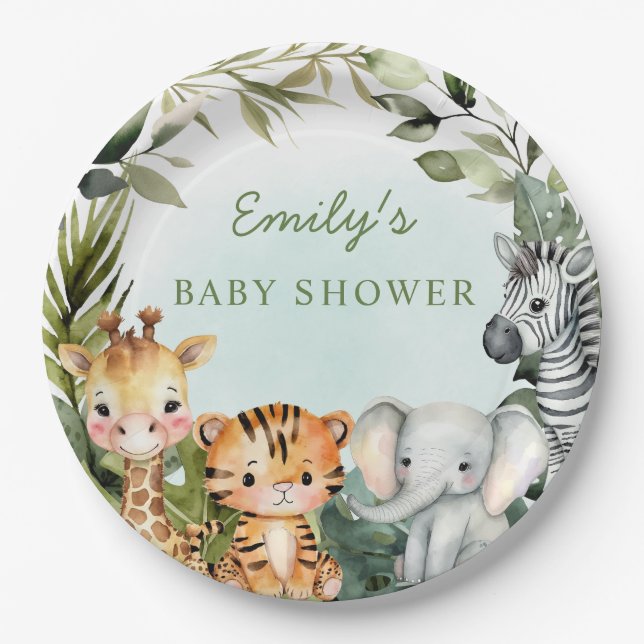 Tropical Jungle Safari Animal greenery baby shower Paper Plate (Front)