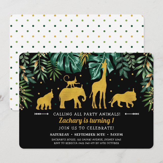 Tropical Jungle Safari Animals 1st Birthday Invitation (Front/Back)