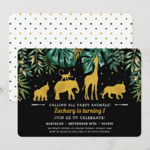 Tropical Jungle Safari Animals 1st Birthday Invitation