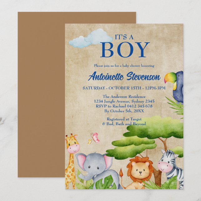 Tropical Jungle Safari Animals Baby Boy Shower Invitation (Front/Back)
