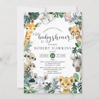 Tropical Jungle Safari Animals Baby Shower Invitation