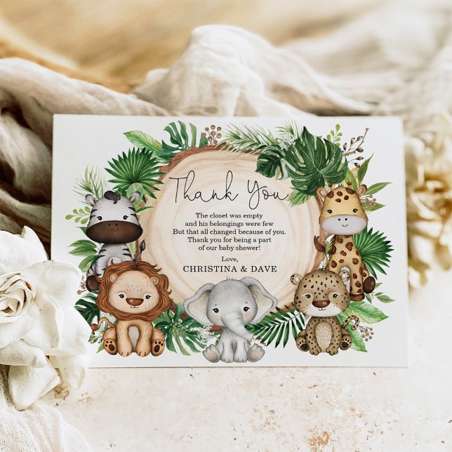 Tropical Jungle Safari Animals Baby Shower Thank You Card (Creator Uploaded)