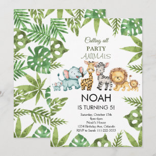 Tropical Jungle Safari Animals Birthday Invitation