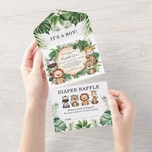 Tropical Jungle Safari Animals Boy Baby Shower All In One Invitation (Tearaway)