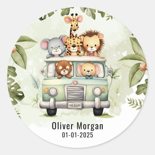 Tropical Jungle Safari Animals Boy Baby Shower Classic Round Sticker (Front)