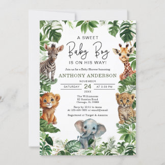 Tropical Jungle Safari Animals Boy Baby Shower Invitation