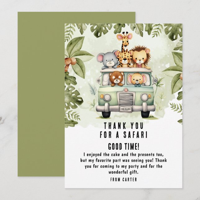 Tropical Jungle Safari Animals Boy Baby Shower Thank You Card (Front/Back)
