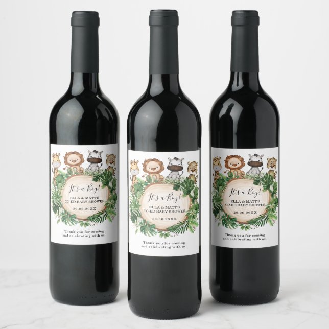 Tropical Jungle Safari Animals Co-Ed Baby Shower Wine Label (Bottles)