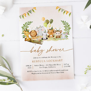 Tropical Jungle Safari Animals Girl Baby Shower In Invitation