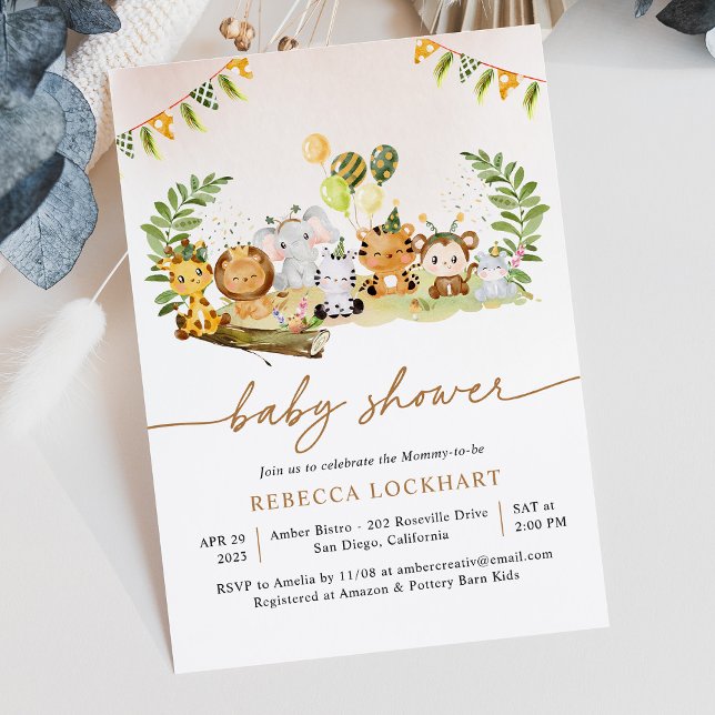Tropical Jungle Safari Animals Girl Baby Shower In Invitation (Creator Uploaded)