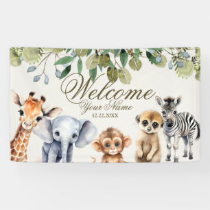Tropical Jungle Safari Animals Green Leaves Party Banner