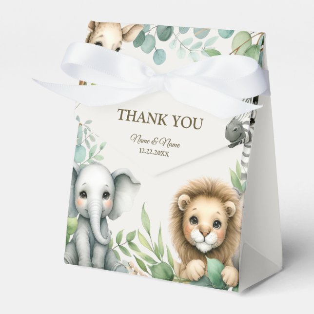 Tropical Jungle Safari Animals Green Leaves Party Favour Box (Front Side)