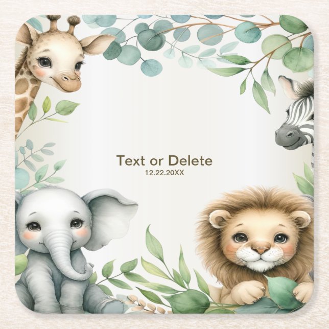 Tropical Jungle Safari Animals Green Leaves Party Square Paper Coaster (Front)