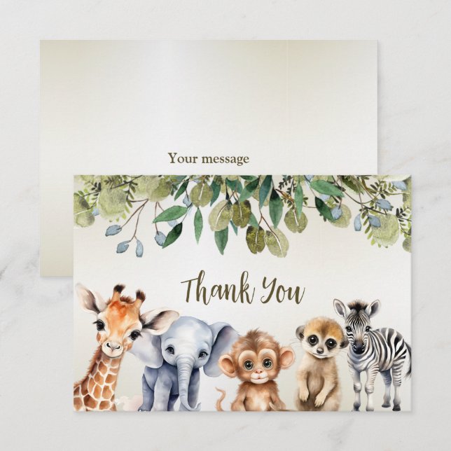 Tropical Jungle Safari Animals Green Leaves Party Thank You Card (Front/Back)