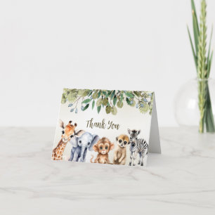 Tropical Jungle Safari Animals Green Leaves Party Thank You Card