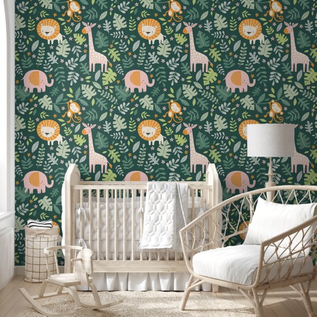 Tropical Jungle Safari Animals Patter Wallpaper (Kids)