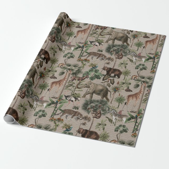 Tropical Jungle Safari Animals Pattern  Wrapping Paper (Unrolled)