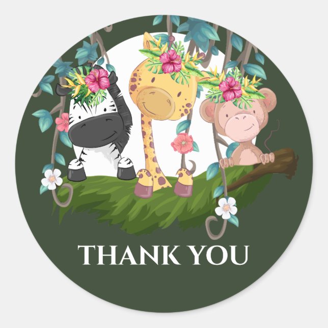 Tropical jungle safari animals tropical thank you classic round sticker (Front)
