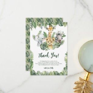 Tropical Jungle Safari Baby Elephant Giraffe Zebra Thank You Card