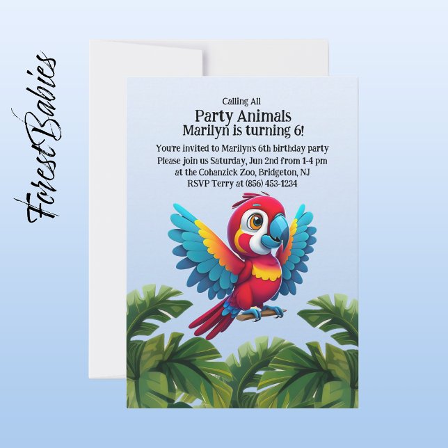 Tropical Jungle Safari Macaw Parrot Party Animal  Invitation (Macaw Parrot 🌴 Tropical Bird ForestBabies Customizable Birthday Party Animal Invitation)