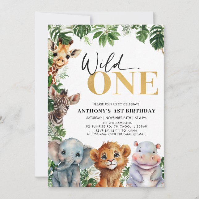 Tropical Jungle Safari Wild One 1st Birthday Invitation (Front)