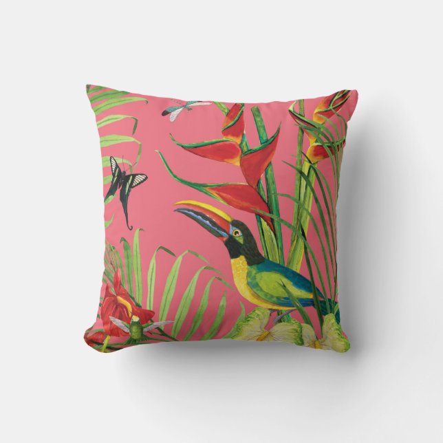Tropical Jungle Toucan Bird Pink Watercolor Floral Cushion (Front)