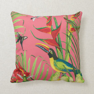 Tropical Jungle Toucan Bird Pink Watercolor Floral Cushion