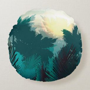 Tropical Jungle: Vintage Morning Landscape. Round Cushion