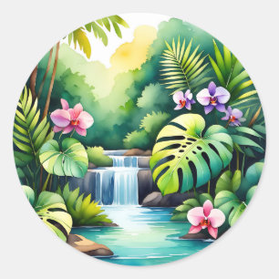 Tropical Jungle Waterfall Orchid Paradise  Classic Round Sticker