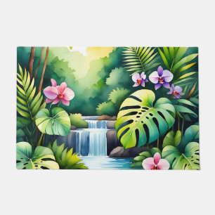 Tropical Jungle Waterfall Orchid Paradise  Doormat