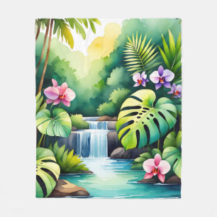 Tropical Jungle Waterfall Orchid Paradise  Fleece Blanket