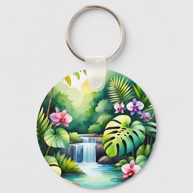 Tropical Jungle Waterfall Orchid Paradise  Key Ring (Front)