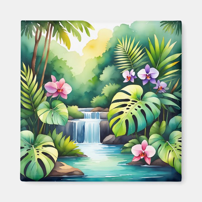 Tropical Jungle Waterfall Orchid Paradise  Magnet (Front)