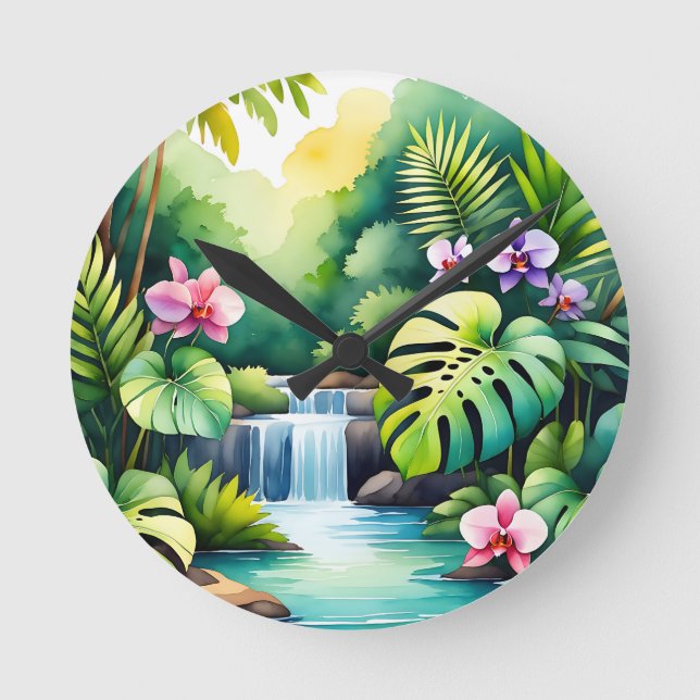 Tropical Jungle Waterfall Orchid Paradise  Round Clock (Front)