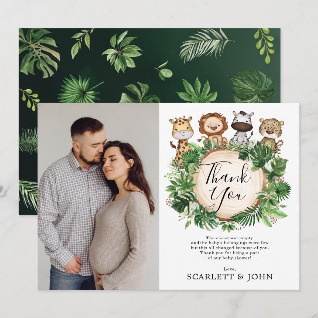 Tropical Jungle Wild Animals Baby Shower Photo Thank You Card (Front/Back)