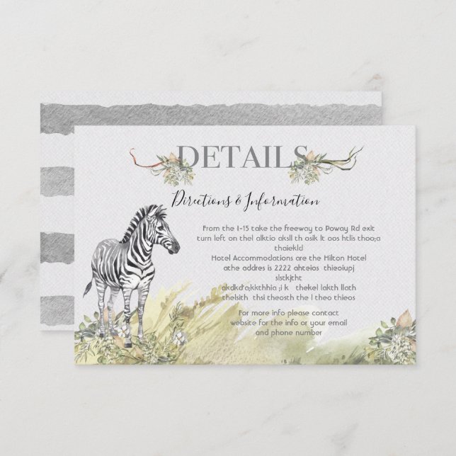Tropical Jungle Zebra Wedding Details info card (Front/Back)
