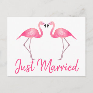 Tropical Just Married Pink Flamingo Beach Wedding Announcement Postcard