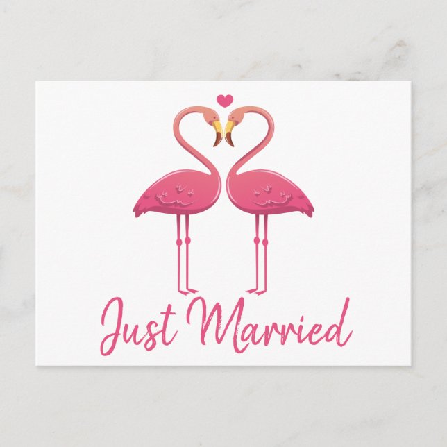 Tropical Just Married Pink Flamingo Wedding Announcement Postcard (Front)