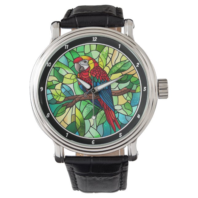 Tropical Kaleidoscope" - Stained Glass Parrot Watch (Front)