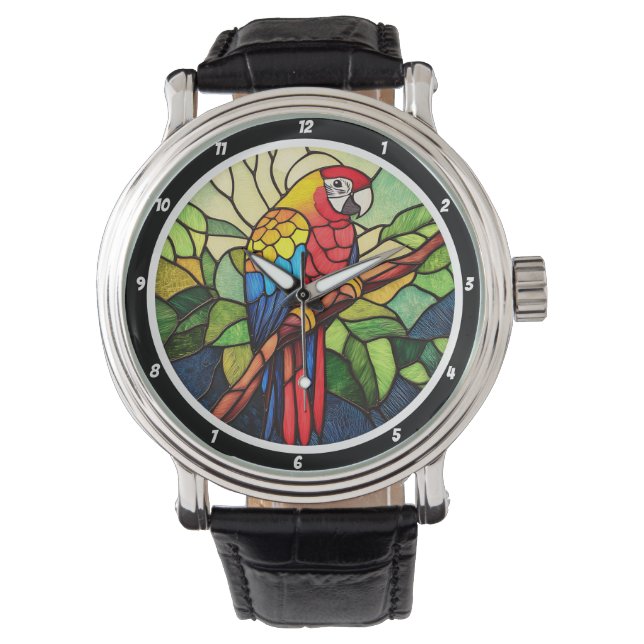 Tropical Kaleidoscope" - Stained Glass Parrot Watch (Front)
