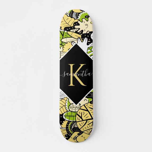 Tropical Kawaii Forest Cartoon Style Name Initial Skateboard (Front)