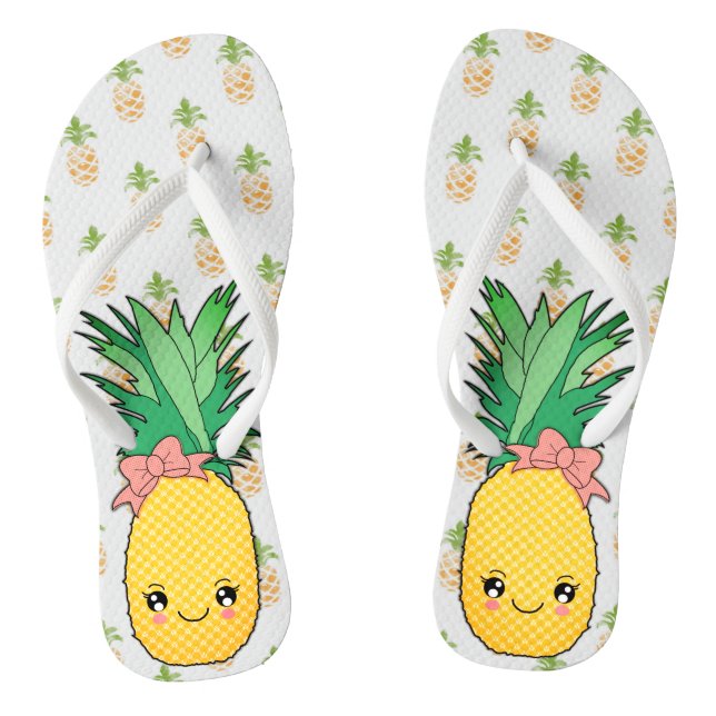 Tropical Kawaii Pineapple Coastal Fruit Food Theme Flip Flops (Footbed)
