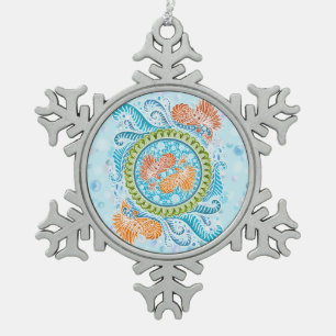 Tropical Koi Mandala Vibrant Ocean Zen Art Snowflake Pewter Christmas Ornament