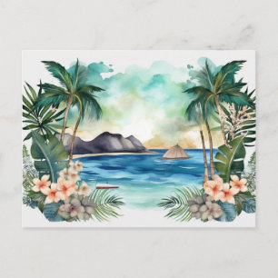 Tropical Lagoon with Palm Trees and Flowers Holiday Postcard