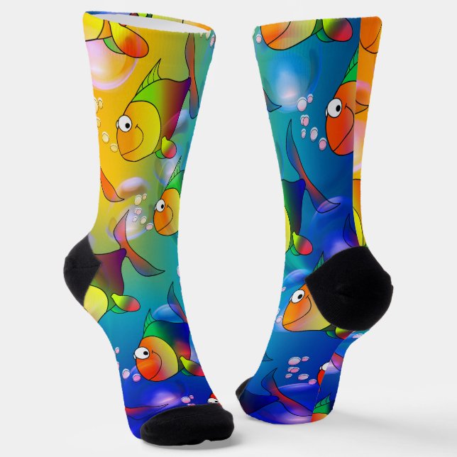 Tropical lake full of colourful cartoon cute fish  socks (Angled)
