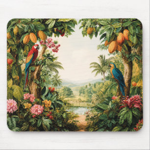 Tropical Landscape Cacao Parrots Flower Watercolor Mouse Mat