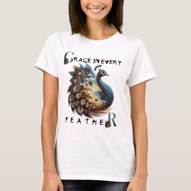 Tropical Landscape Peacock Art Print T-Shirt (Front)