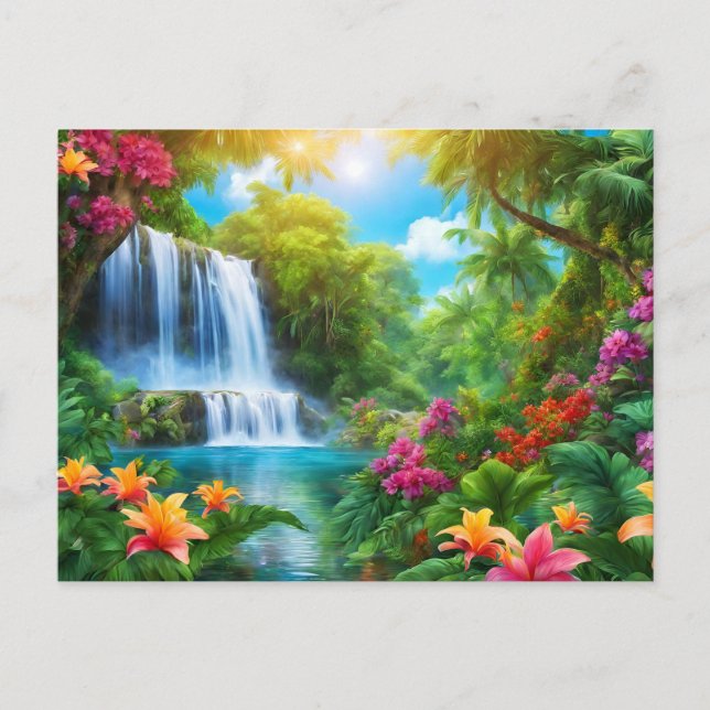Tropical Landscape with Flowers, Waterfall Postcard (Front)